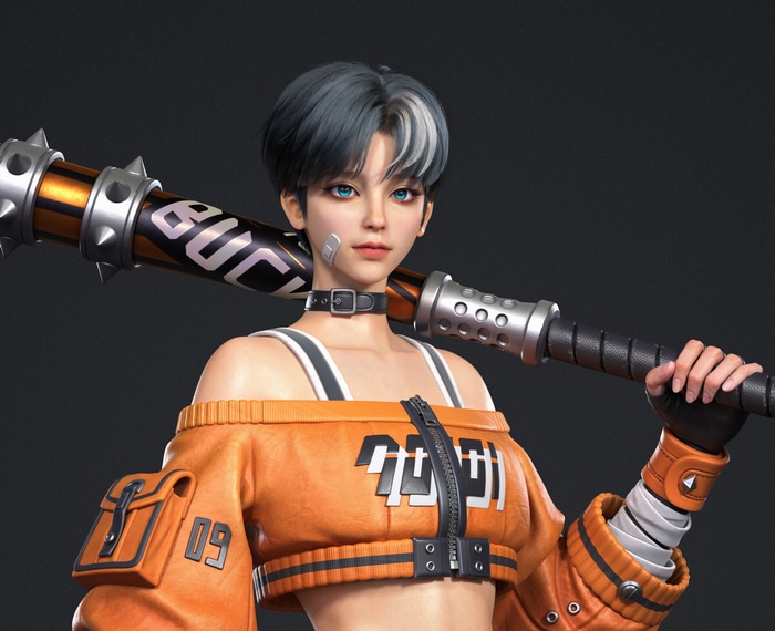 Woman with baseball bat and orange jacket