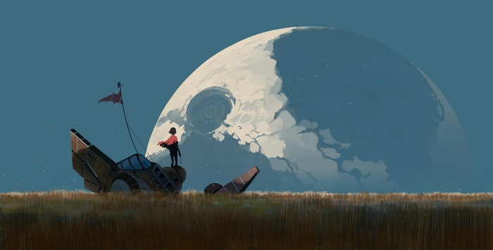 Anime sky with a person on a ship in a field