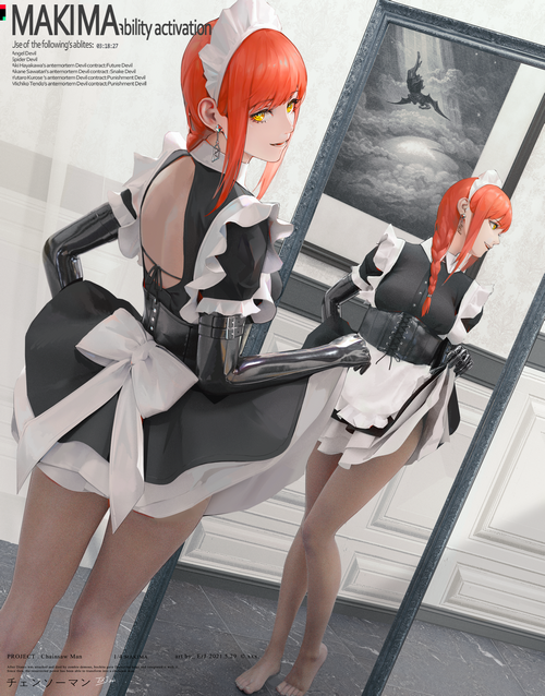 Makima in Maid Outfit Reflecting in Mirror