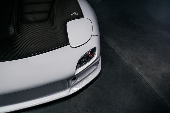 White Mazda RX-7 Sports Car with Carbon Fiber Hood