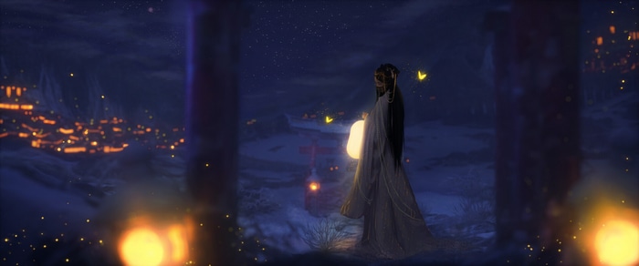 Woman holding lantern in a snowy village at night