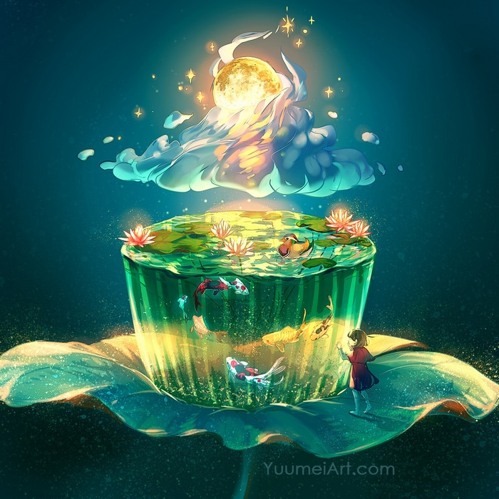 Yuumei's Magical Koi Pond with Moon Clouds