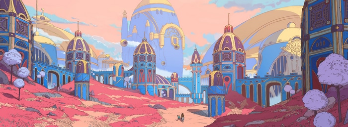 Fantasy city with blue and gold buildings
