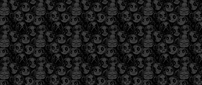 Monochrome pattern of black metal inspired cartoon faces