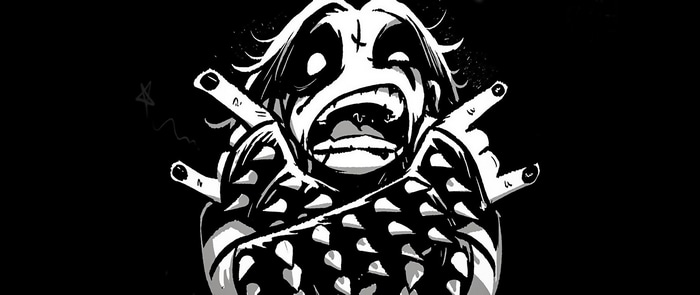 Monochrome illustration of a screaming character with crossed arms