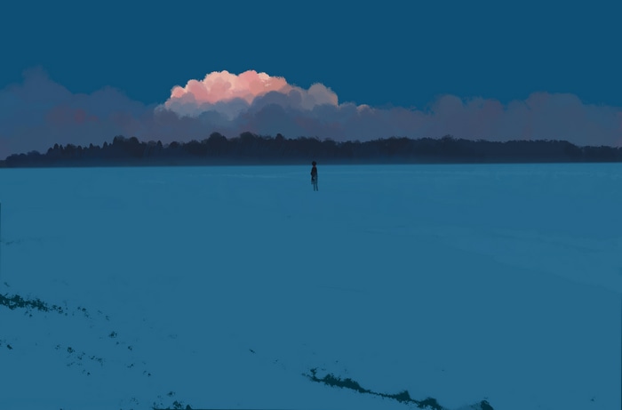 Anime sky with clouds over a snowy landscape