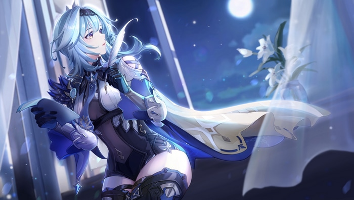 Eula from Genshin Impact with flowers and moon