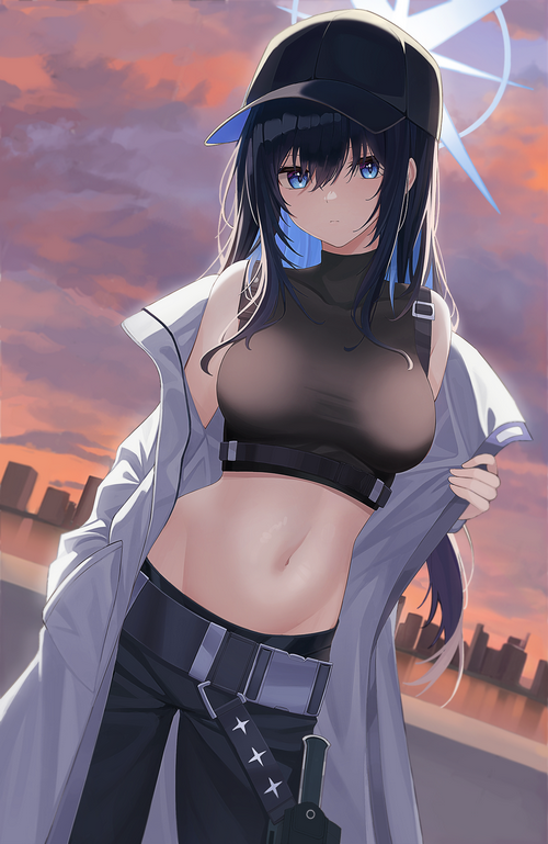 Saori with blue hair and blue eyes wearing a hat