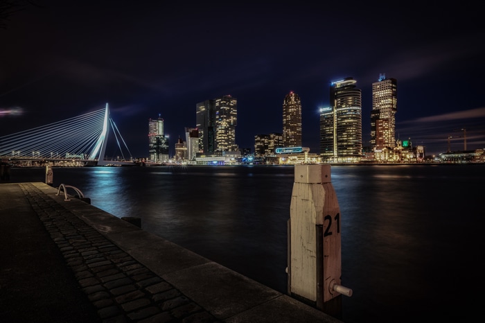 Erasmus Bridge and Rotterdam skyline at night