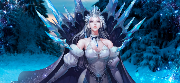 Ice Queen with Crown and Ice Wings in Snowy Forest