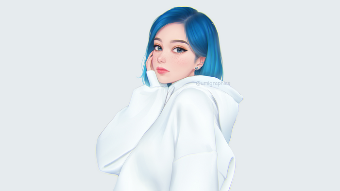 Drawing of a girl with blue hair and freckles wearing a white hoodie