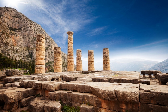 Ancient Greek ruins with columns in Delphi, Greece