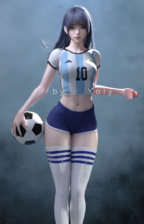 Yoly in Argentina soccer uniform holding a soccer ball
