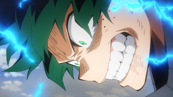 Izuku Midoriya with green hair and green eyes in Boku no Hero Academia
