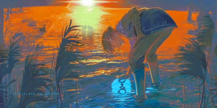 Link with a glowing orb at sunset