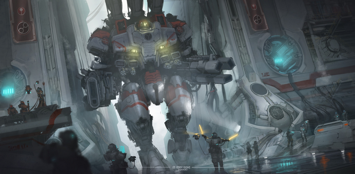Tau Empire battlesuit in a futuristic hangar