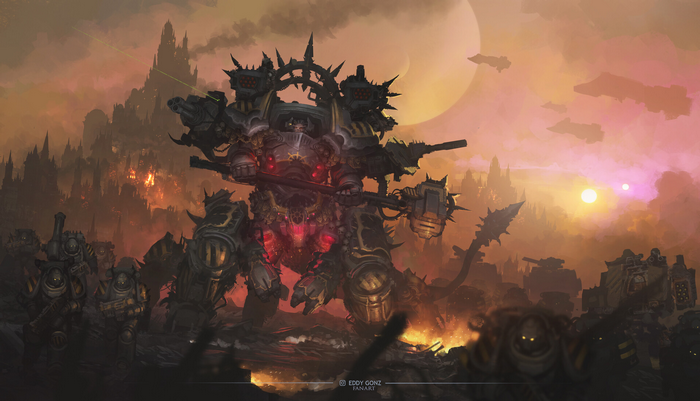 Warhammer 40,000 Chaos Knight with army and city