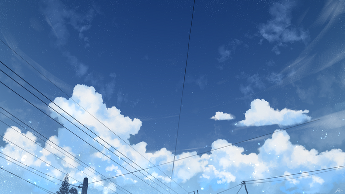 Blue sky with clouds and power lines