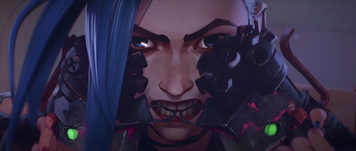 Jinx from Arcane holding weapons