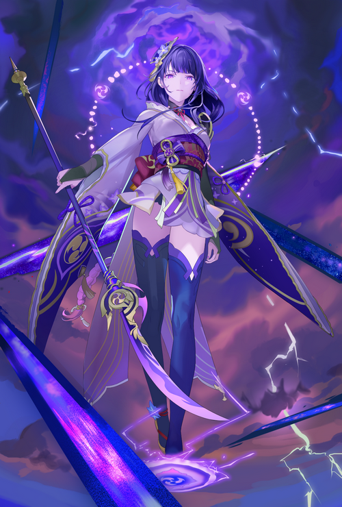 Raiden Shogun with a spear and purple lightning
