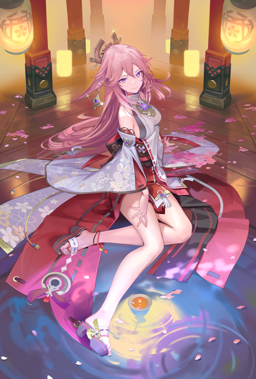 Yae Miko from Genshin Impact sitting with lanterns