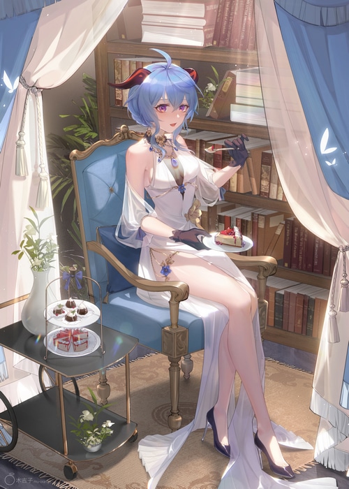 Genshin Impact Ganyu eating cake in a library