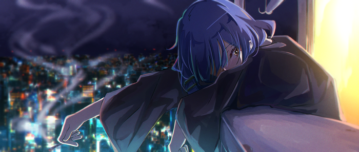 Ryo Yamada smoking on a balcony overlooking city lights