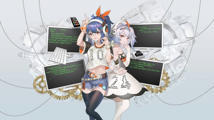 4K Programming Girls with Headphones and Glasses