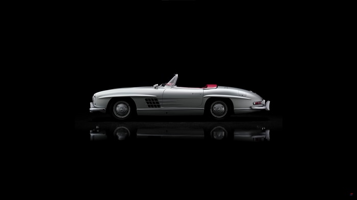 Silver Mercedes-Benz 300 SL Roadster with reflection