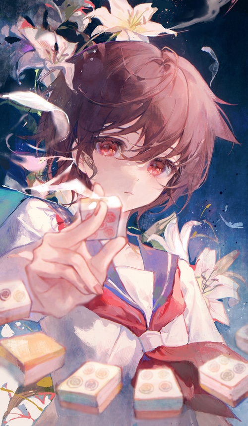 Schoolgirl with red eyes and lilies holding mahjong tiles