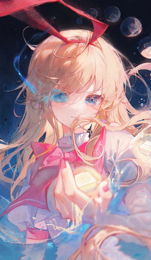 Anime girl with blonde hair and blue eyes in water