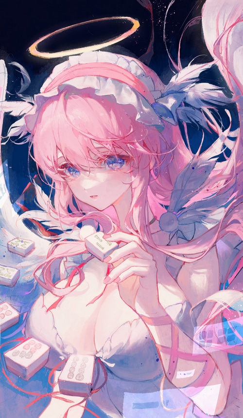 Anime girl with pink hair and nimbus holding mahjong tiles