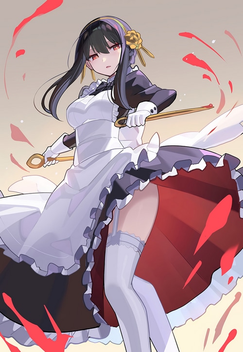 Yor Forger in a Maid Outfit Holding Weapons
