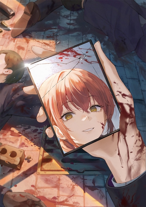 Makima reflected in a broken mirror amidst blood and bodies