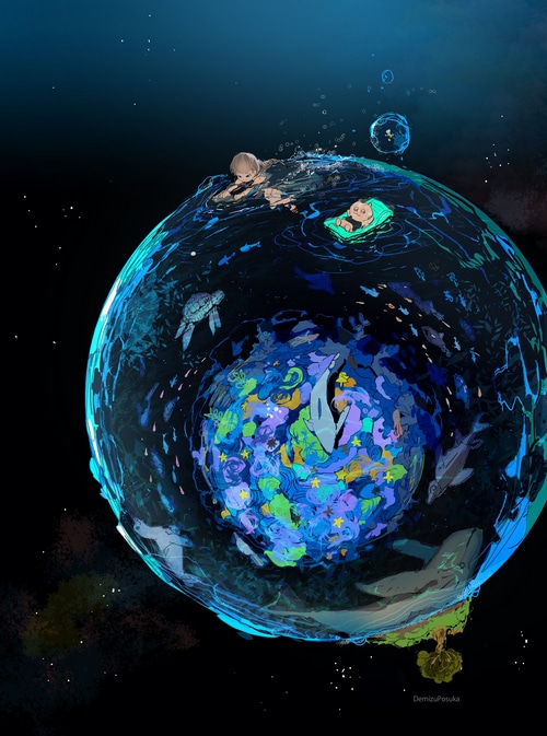 Children swimming in a water planet with sea creatures