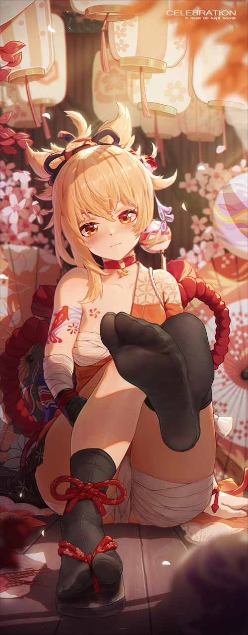 Yoimiya from Genshin Impact with feet forward