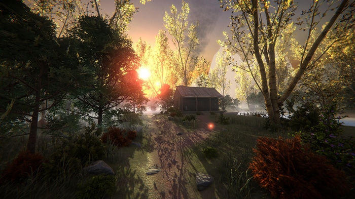 4K forest landscape with a cabin at sunset