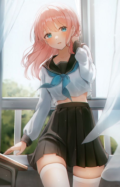 Anime schoolgirl with pink hair and blue eyes