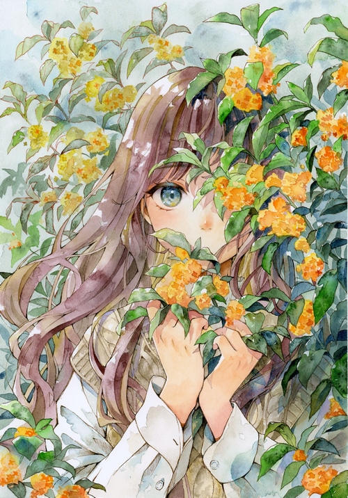 Girl with blue eyes and brunette hair among flowers