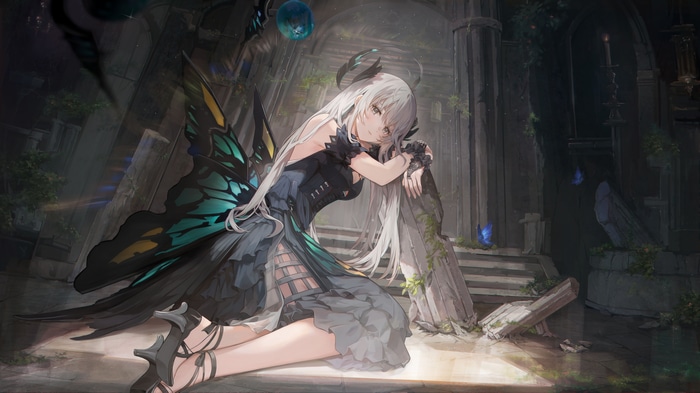 4K anime girl with butterfly wings on stairs