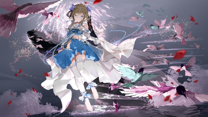 Girl with blonde hair and blue eyes surrounded by birds