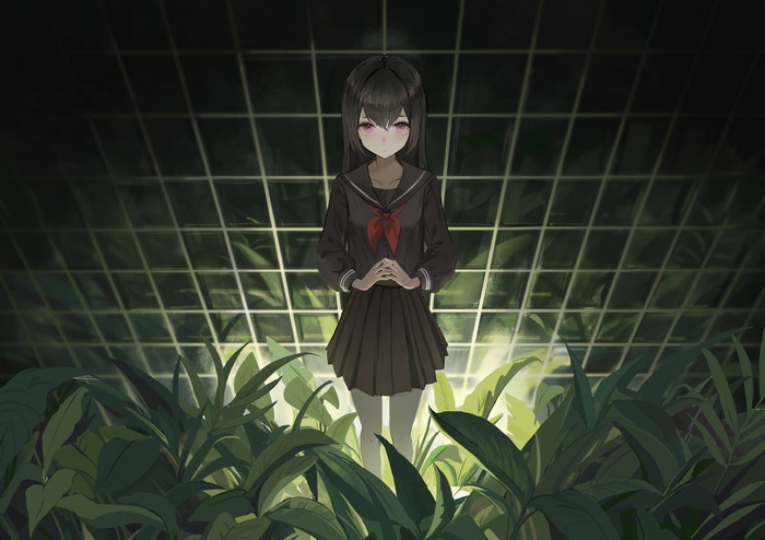 Anime schoolgirl with purple eyes in a greenhouse