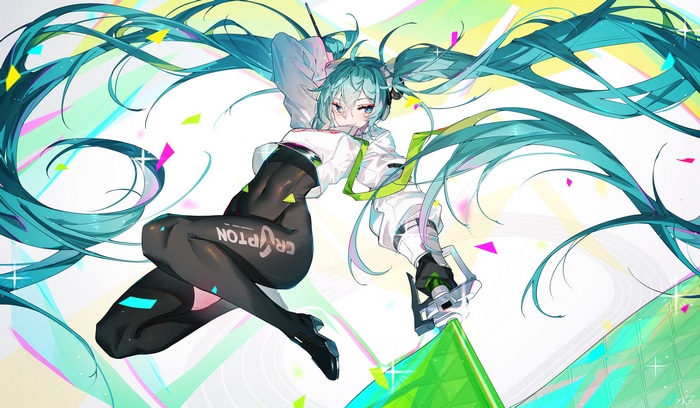 Hatsune Miku with long blue twintails and futuristic outfit