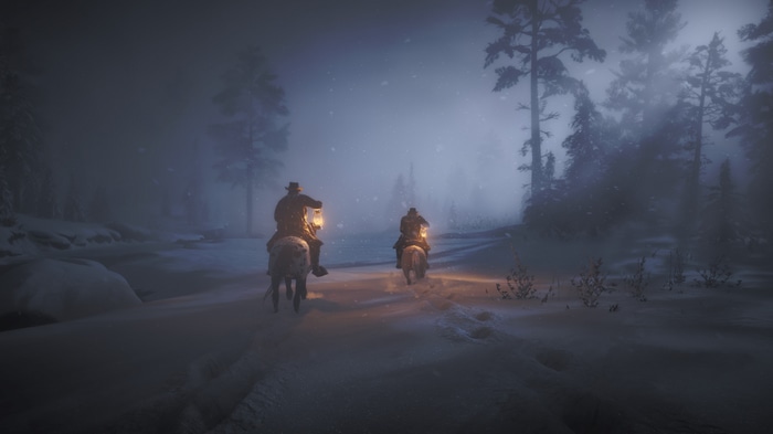 Red Dead Redemption 2: Two riders in a snowy forest