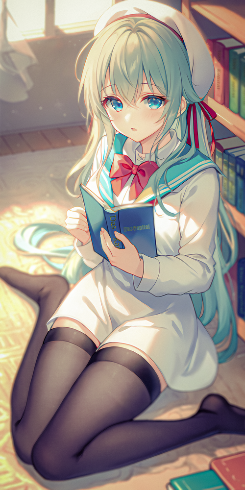 Anime girl with blue hair reading a book