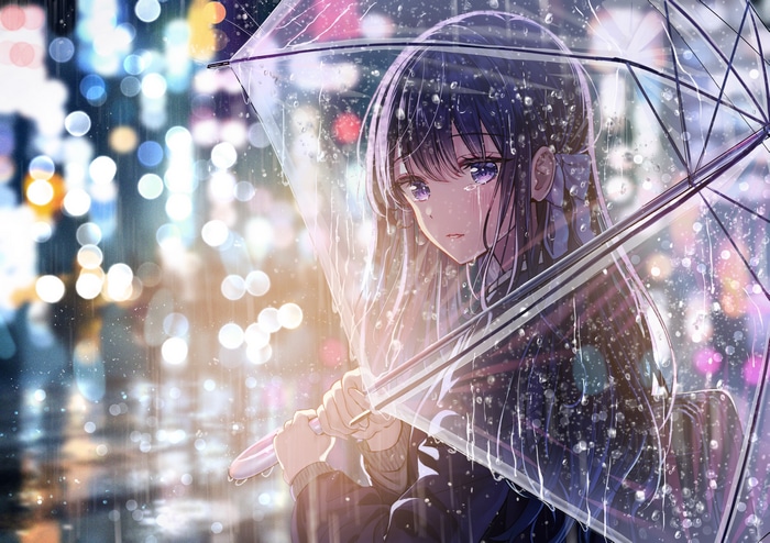 Girl with umbrella in the rain at night