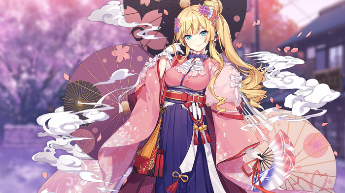 Azur Lane Kongou in Japanese Clothes with Umbrellas and Fans