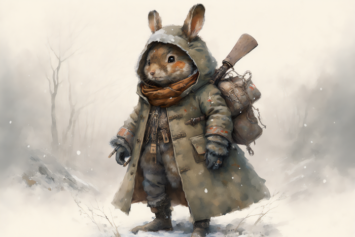 Fantasy rabbit soldier with rifle in snow
