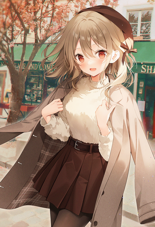Anime girl in a beret and coat in front of a shop