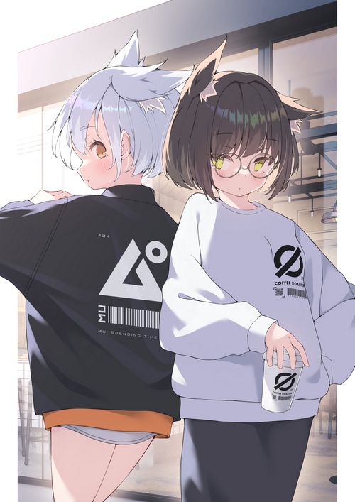 Two anime girls with fox ears, one holding a coffee cup